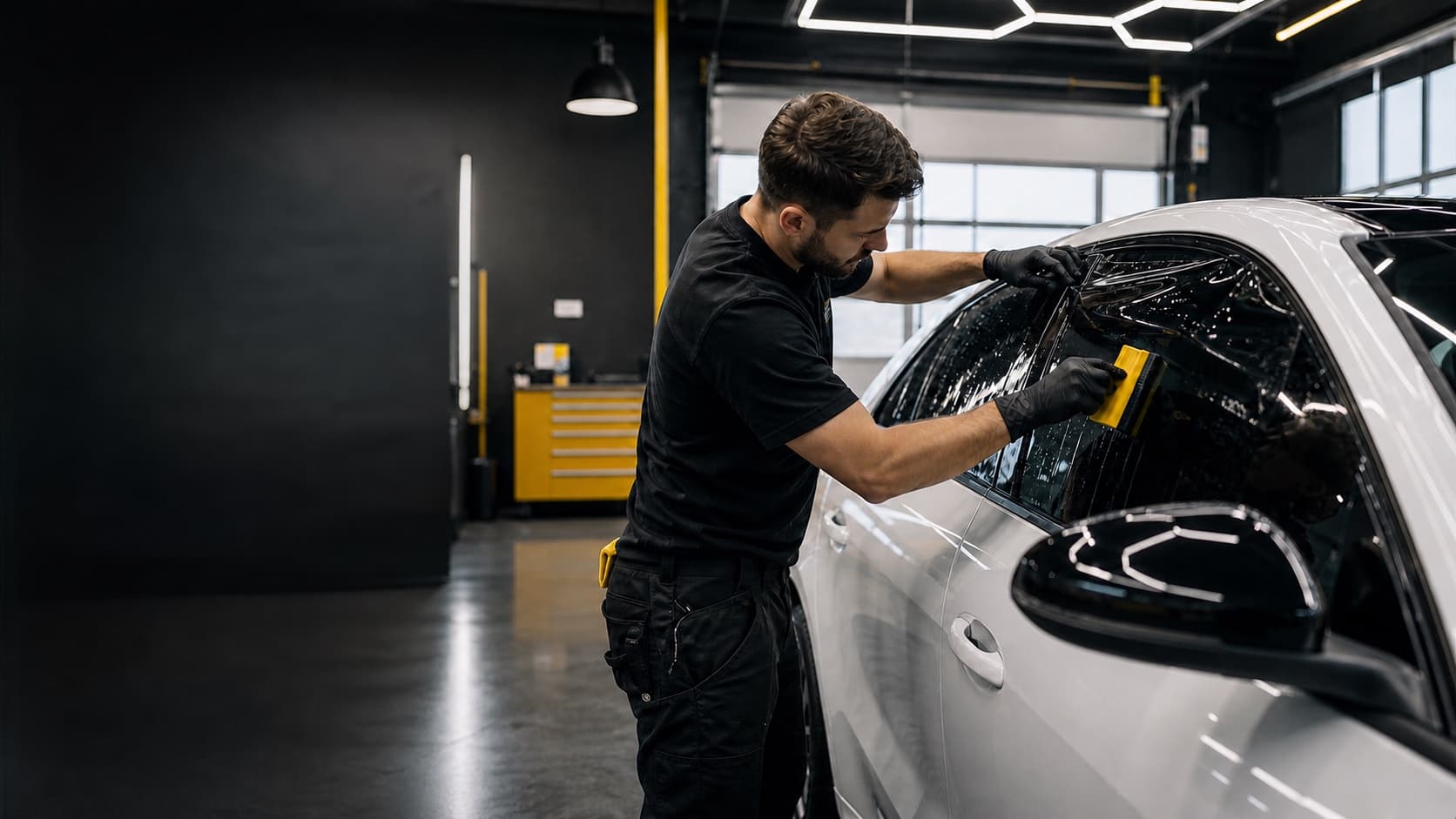 Technician installing carbon ceramic window film on a white vehicle in a clean workshop
