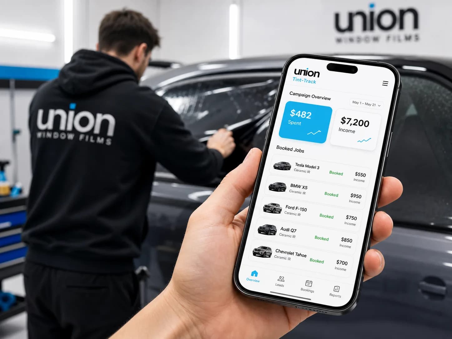 Union Google Ads tracking dashboard shown over a tint shop install